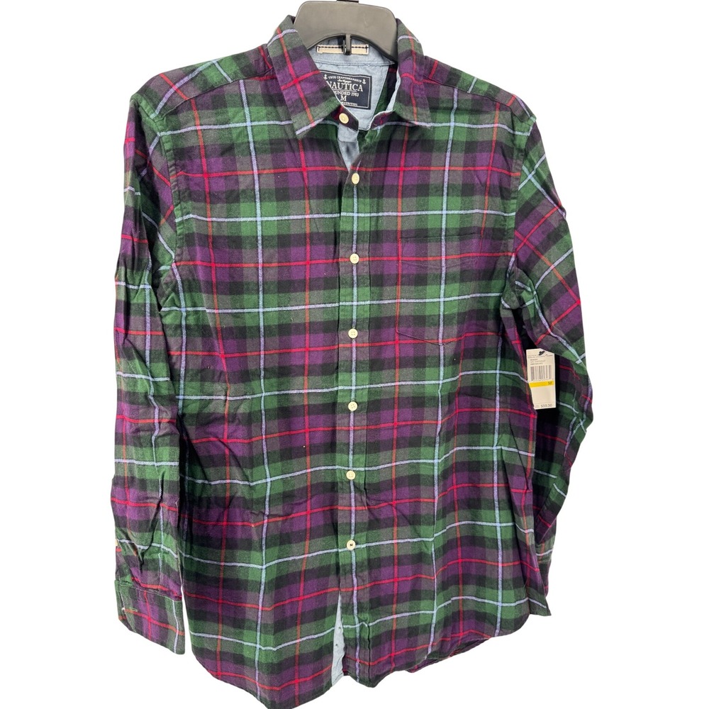 Nautica Flannel Shirt Medium M Plaid Button Down Long Sleeve Green Purple Red